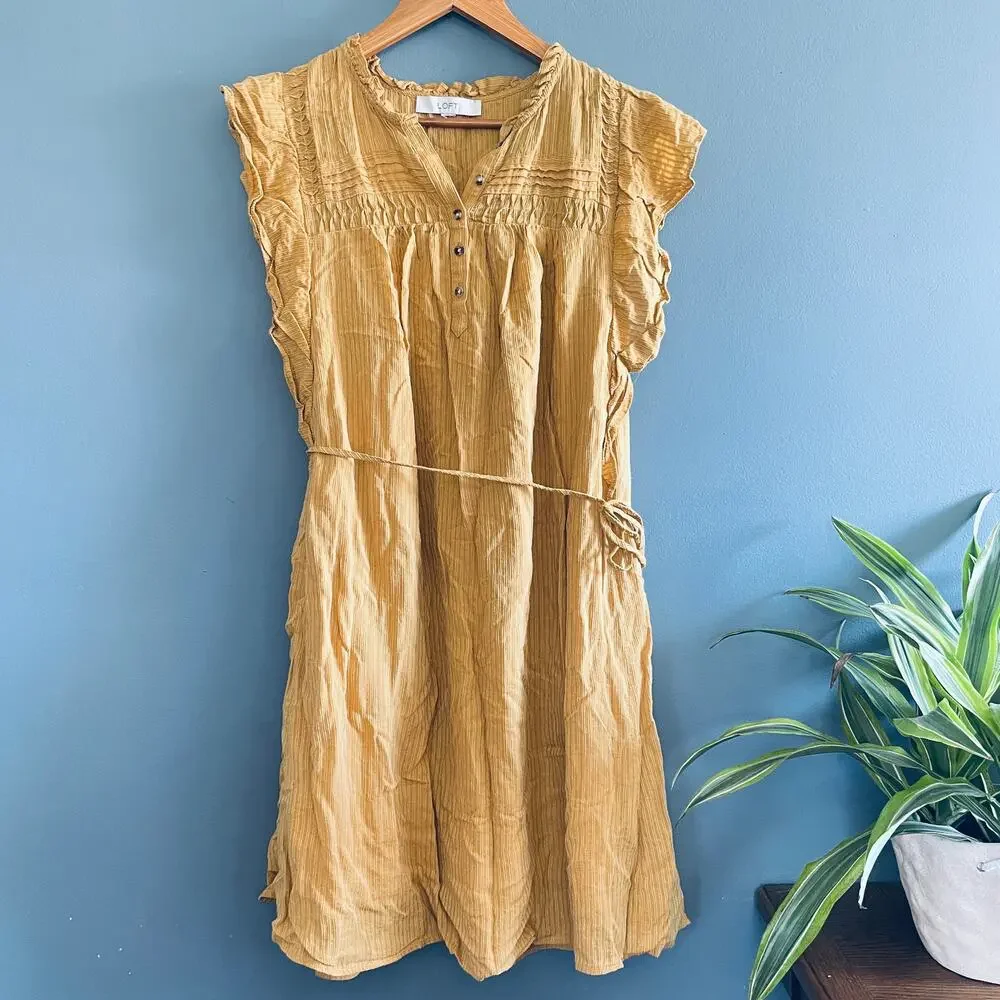 LOFT Pintucked Ruffle Swing Dress L Mustard Yellow Tie Waist Western Boho